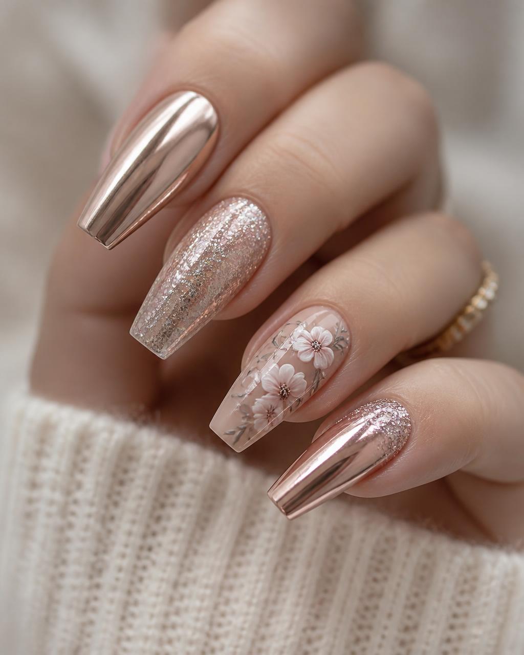 Chrome and floral nail art at M&K Nail Spa